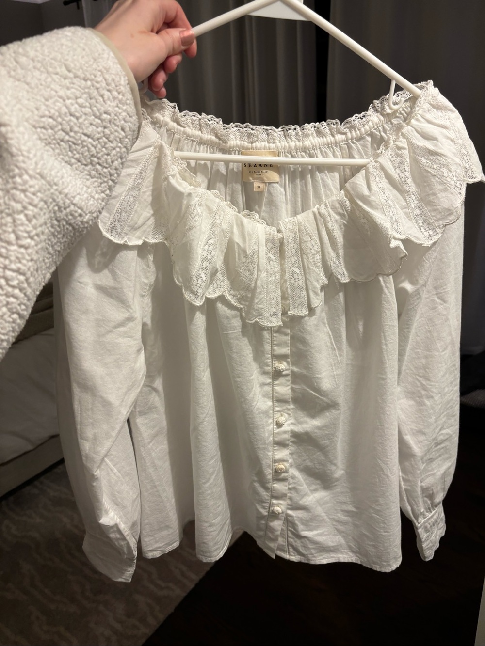 Sezane Cream Ruffled Lace-Trim Button Front Blouse